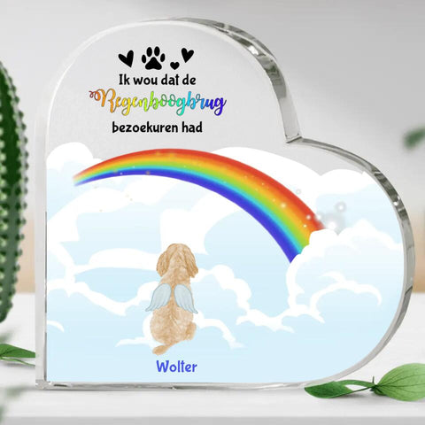 Regenboogbrug met hond - Gepersonaliseerd glazen hart - Featured Image