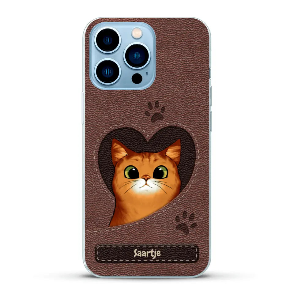 Cat Heart Leather Look - Gepersonaliseerd telefoonhoesje