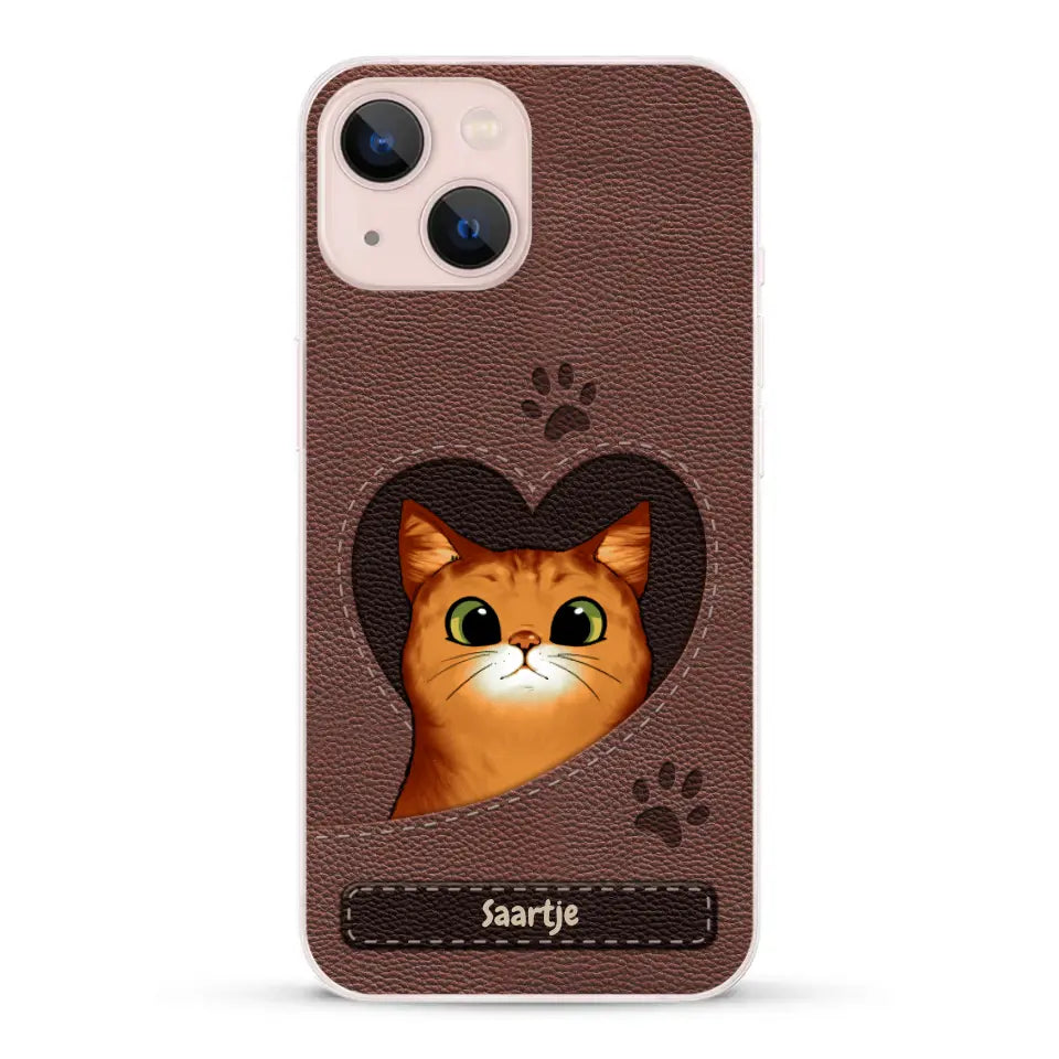 Cat Heart Leather Look - Gepersonaliseerd telefoonhoesje