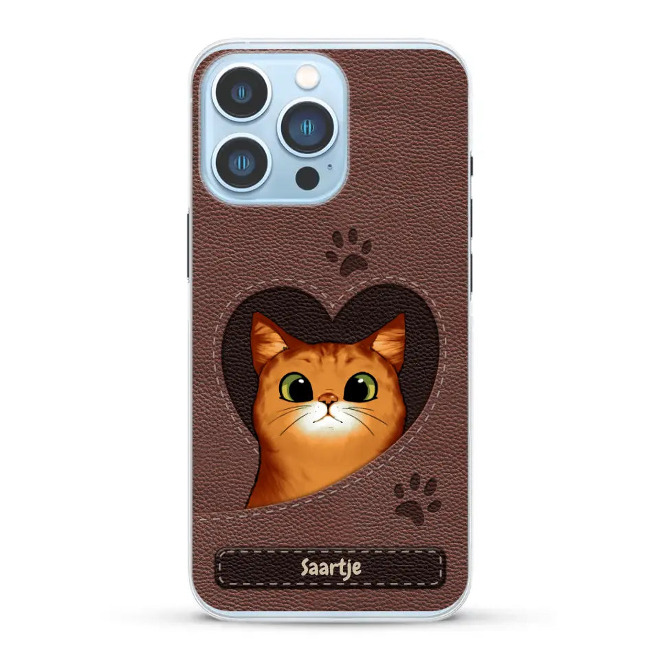 Cat Heart Leather Look - Gepersonaliseerd telefoonhoesje