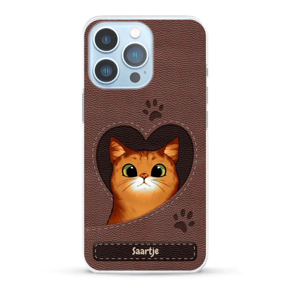 Cat Heart Leather Look - Gepersonaliseerd telefoonhoesje