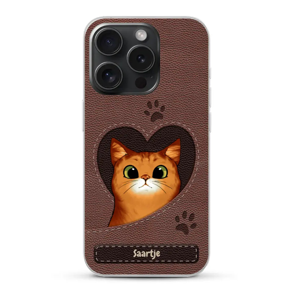 Cat Heart Leather Look - Gepersonaliseerd telefoonhoesje