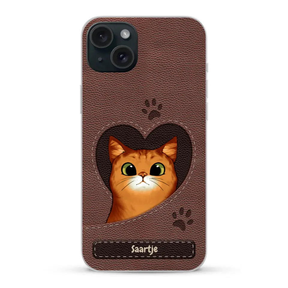 Cat Heart Leather Look - Gepersonaliseerd telefoonhoesje