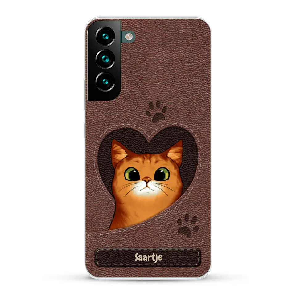 Cat Heart Leather Look - Gepersonaliseerd telefoonhoesje