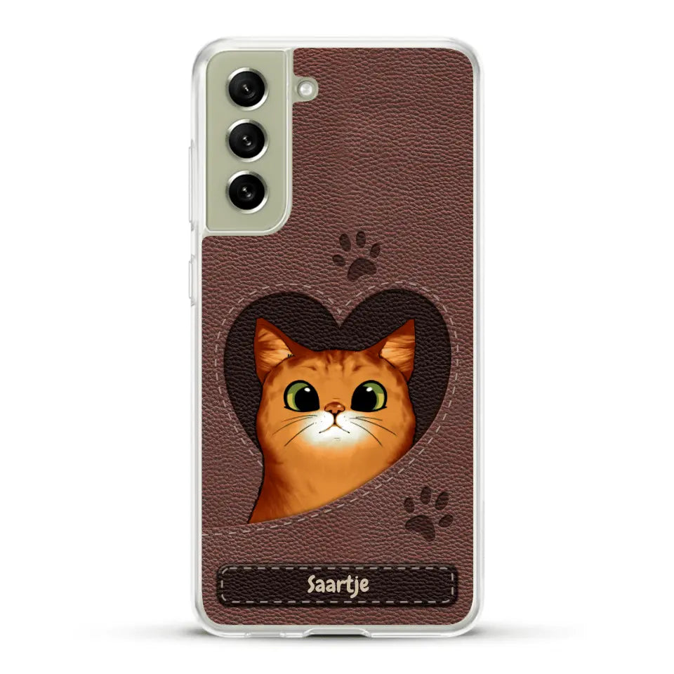 Cat Heart Leather Look - Gepersonaliseerd telefoonhoesje