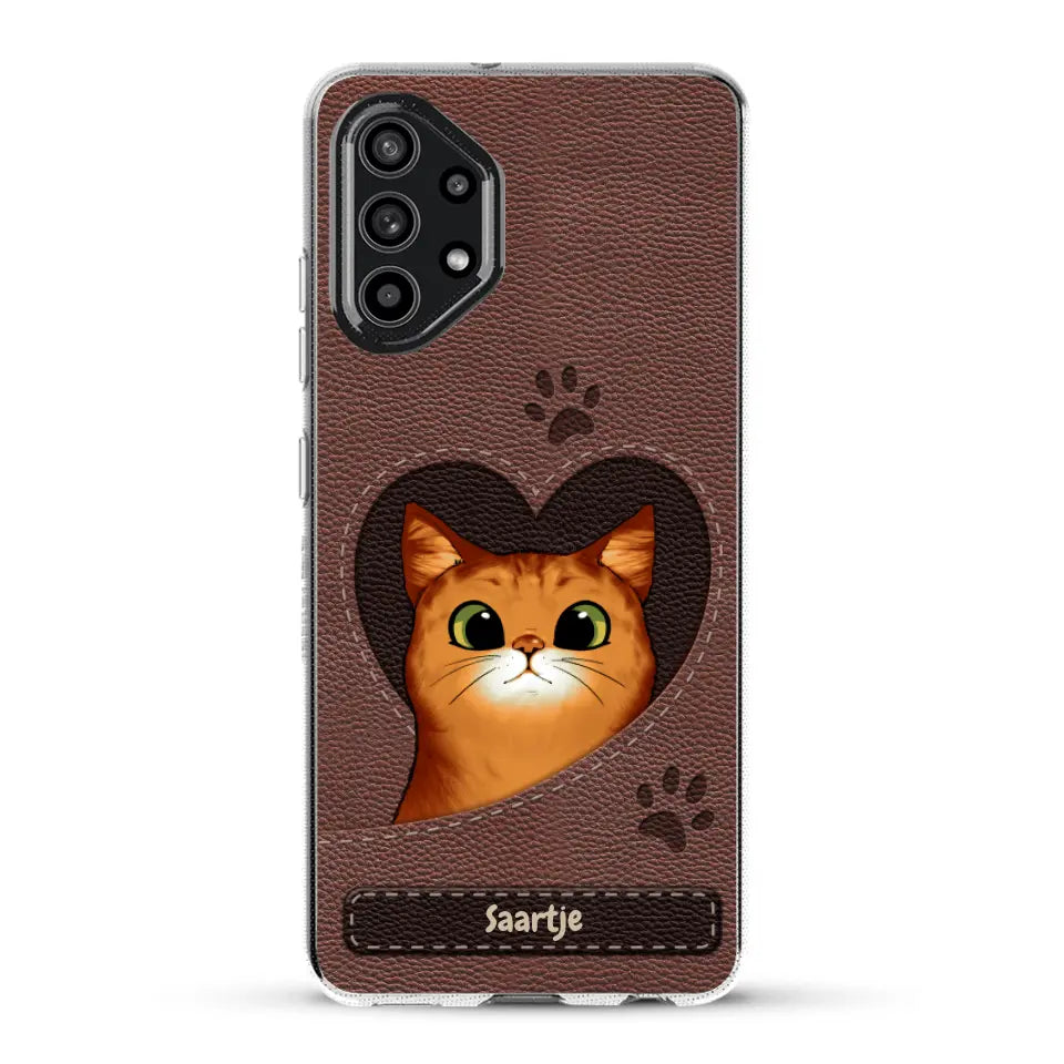 Cat Heart Leather Look - Gepersonaliseerd telefoonhoesje