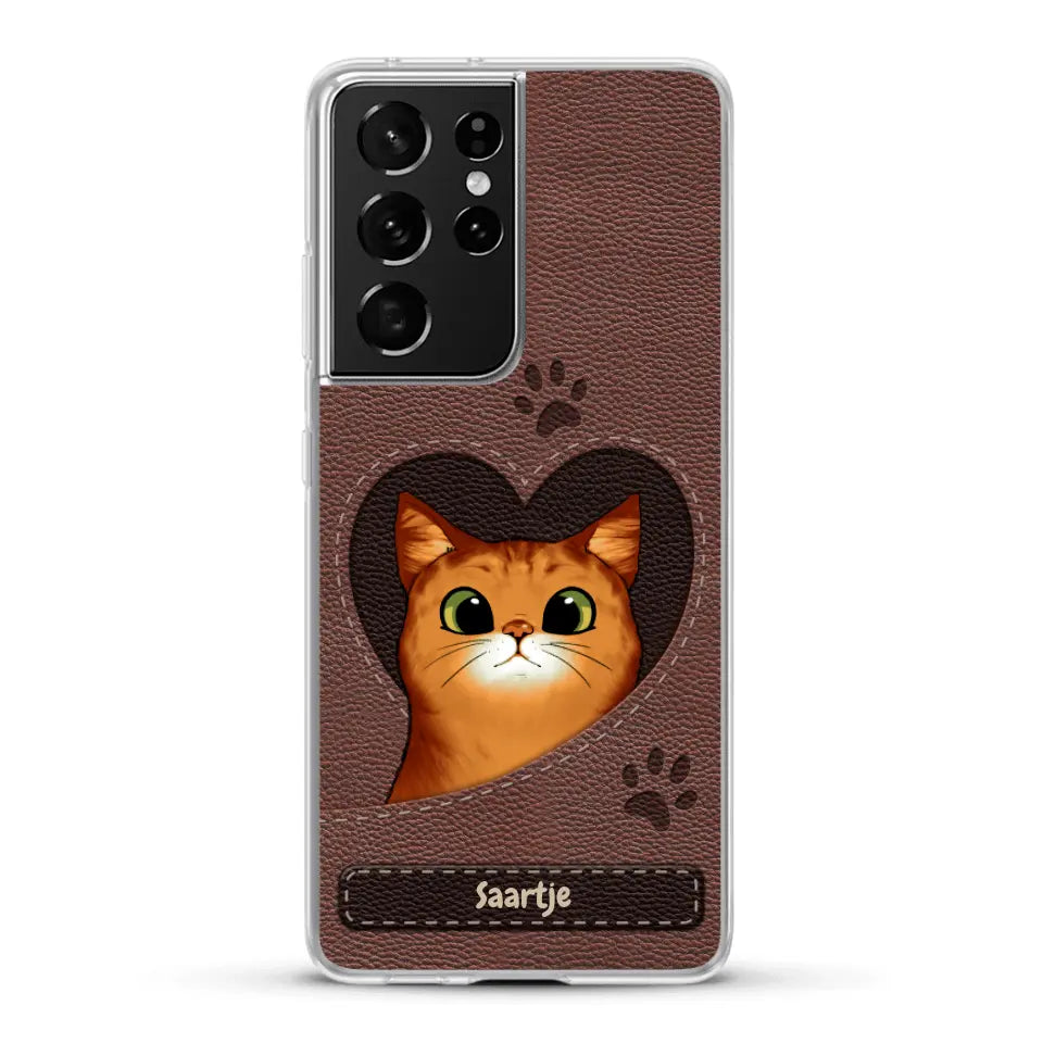 Cat Heart Leather Look - Gepersonaliseerd telefoonhoesje