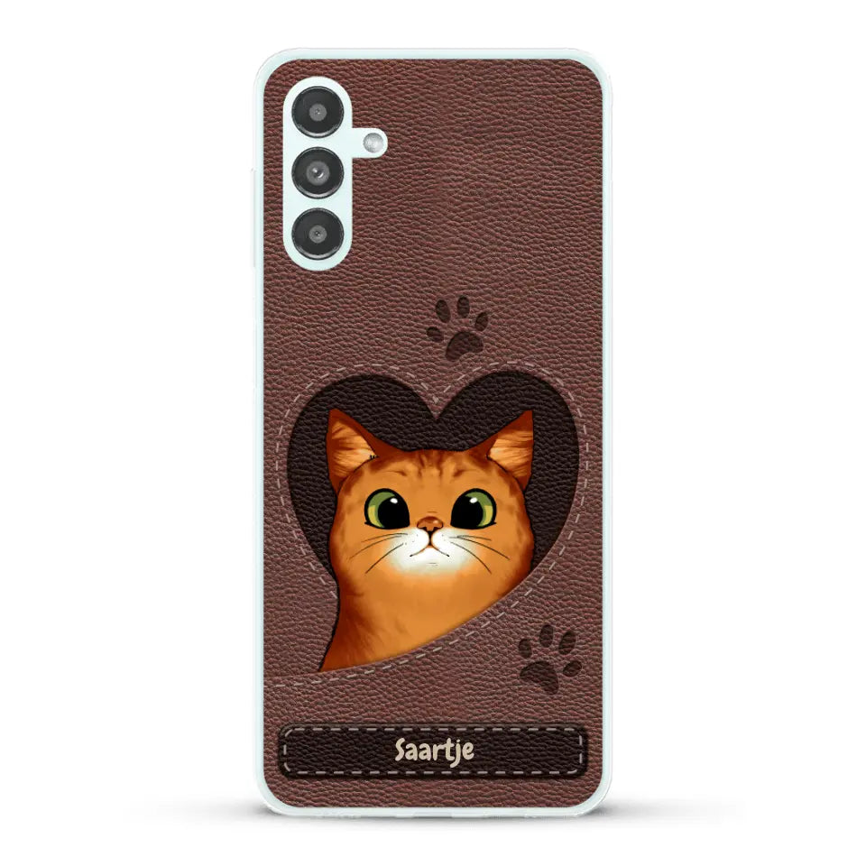Cat Heart Leather Look - Gepersonaliseerd telefoonhoesje