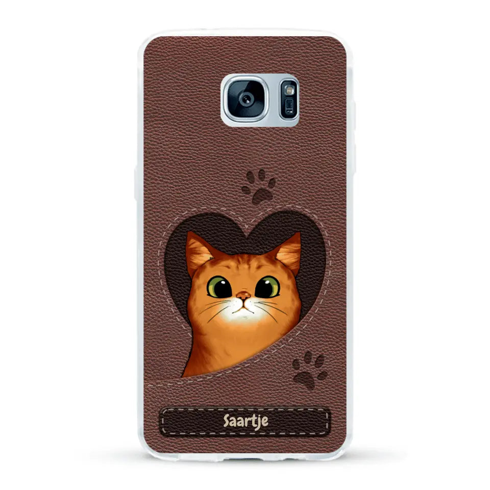 Cat Heart Leather Look - Gepersonaliseerd telefoonhoesje