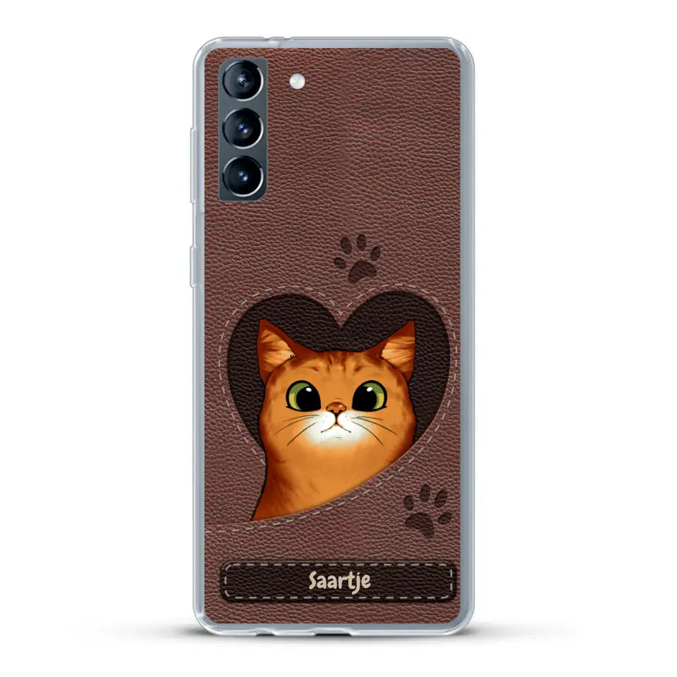 Cat Heart Leather Look - Gepersonaliseerd telefoonhoesje