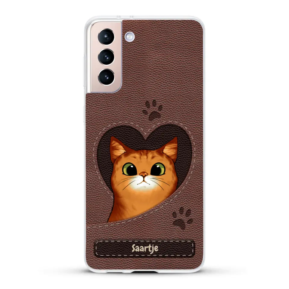 Cat Heart Leather Look - Gepersonaliseerd telefoonhoesje