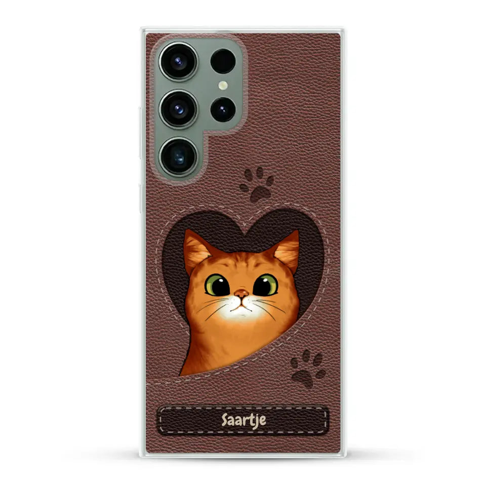 Cat Heart Leather Look - Gepersonaliseerd telefoonhoesje