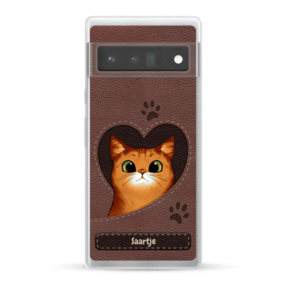Cat Heart Leather Look - Gepersonaliseerd telefoonhoesje