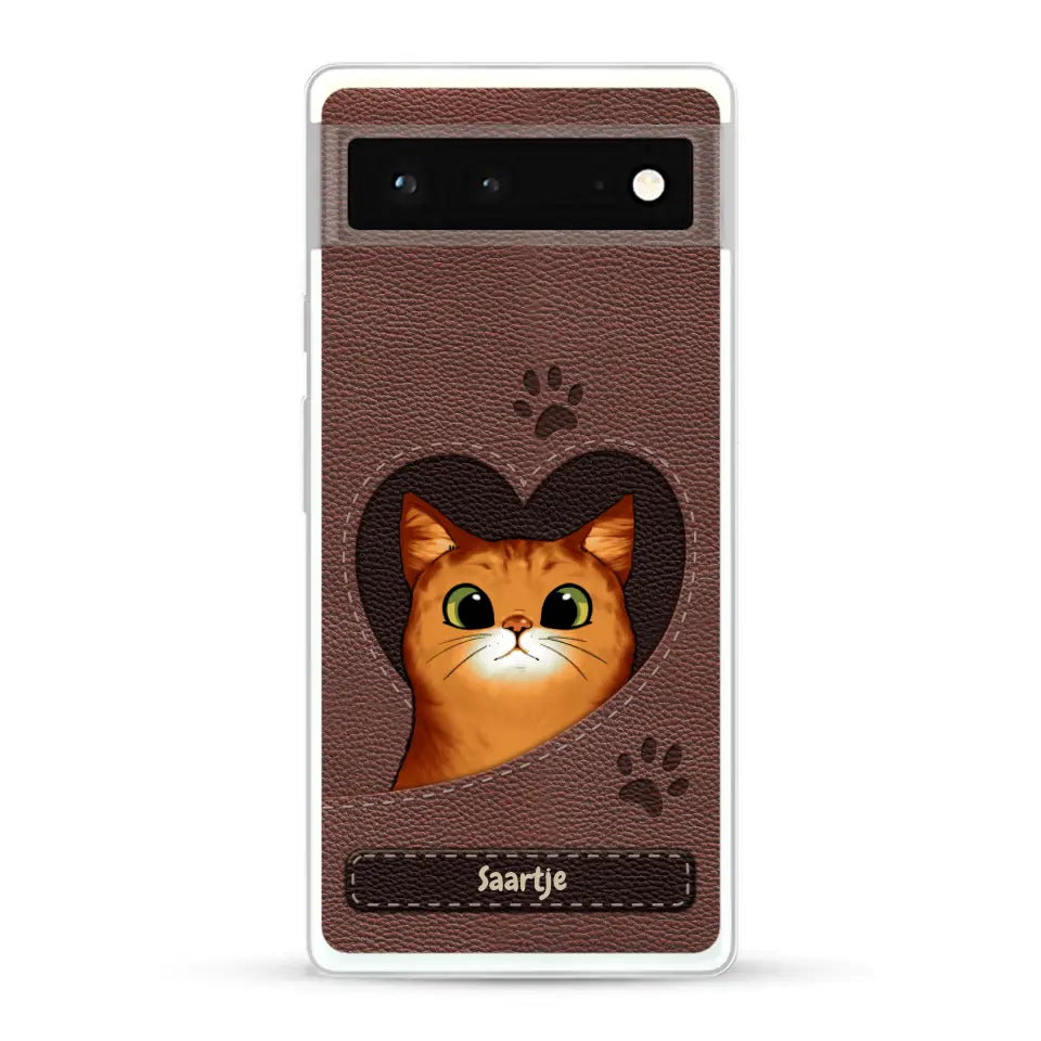 Cat Heart Leather Look - Gepersonaliseerd telefoonhoesje