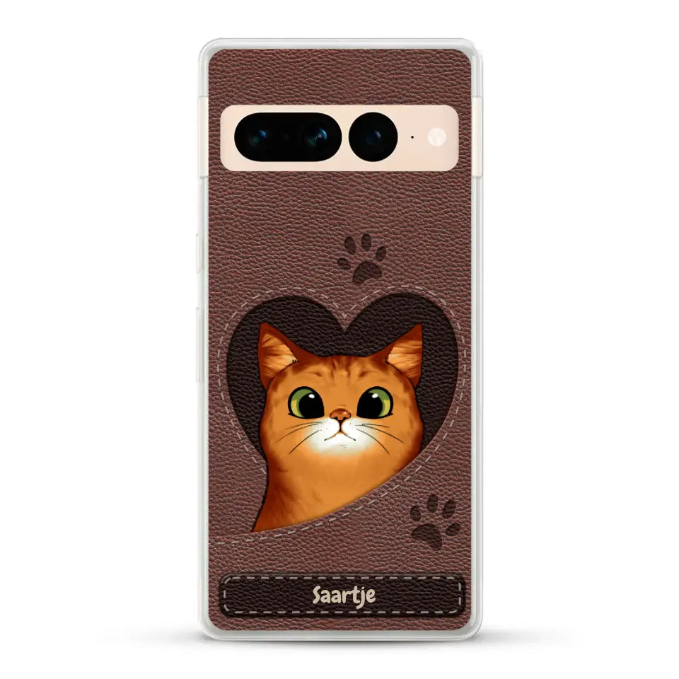 Cat Heart Leather Look - Gepersonaliseerd telefoonhoesje