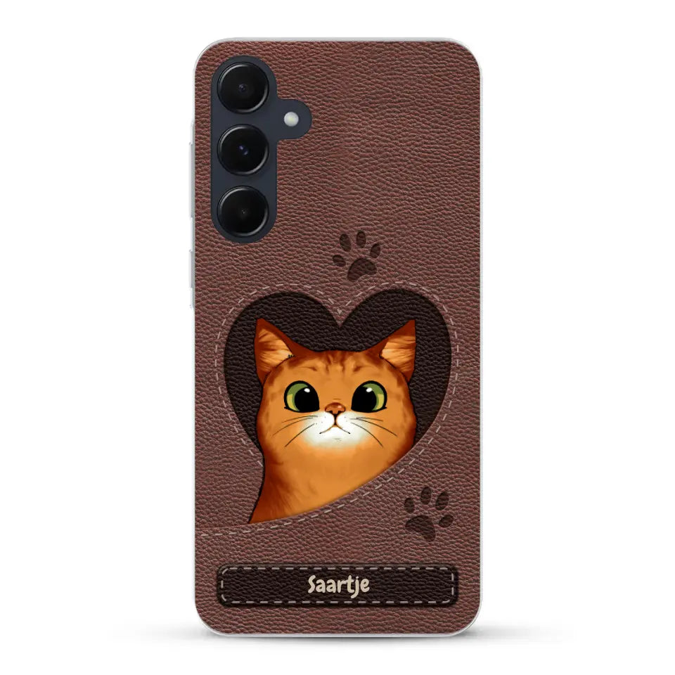 Cat Heart Leather Look - Gepersonaliseerd telefoonhoesje