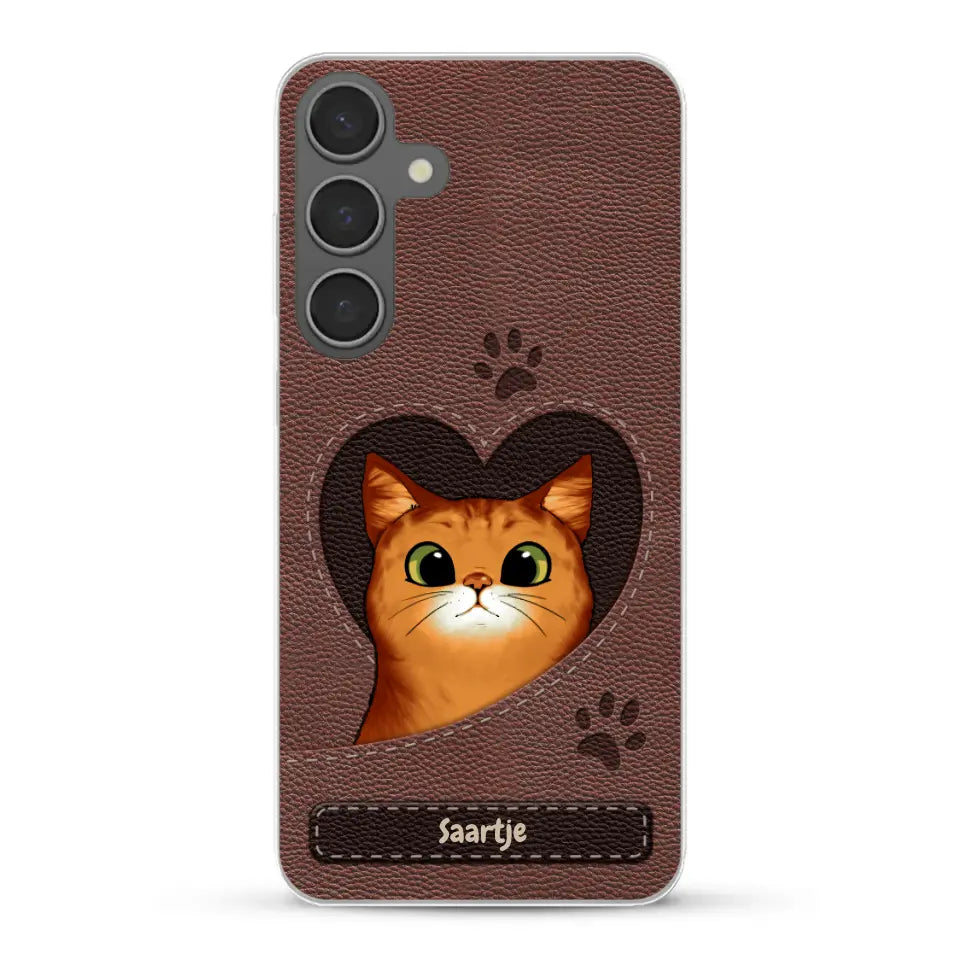 Cat Heart Leather Look - Gepersonaliseerd telefoonhoesje