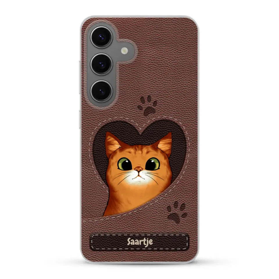 Cat Heart Leather Look - Gepersonaliseerd telefoonhoesje