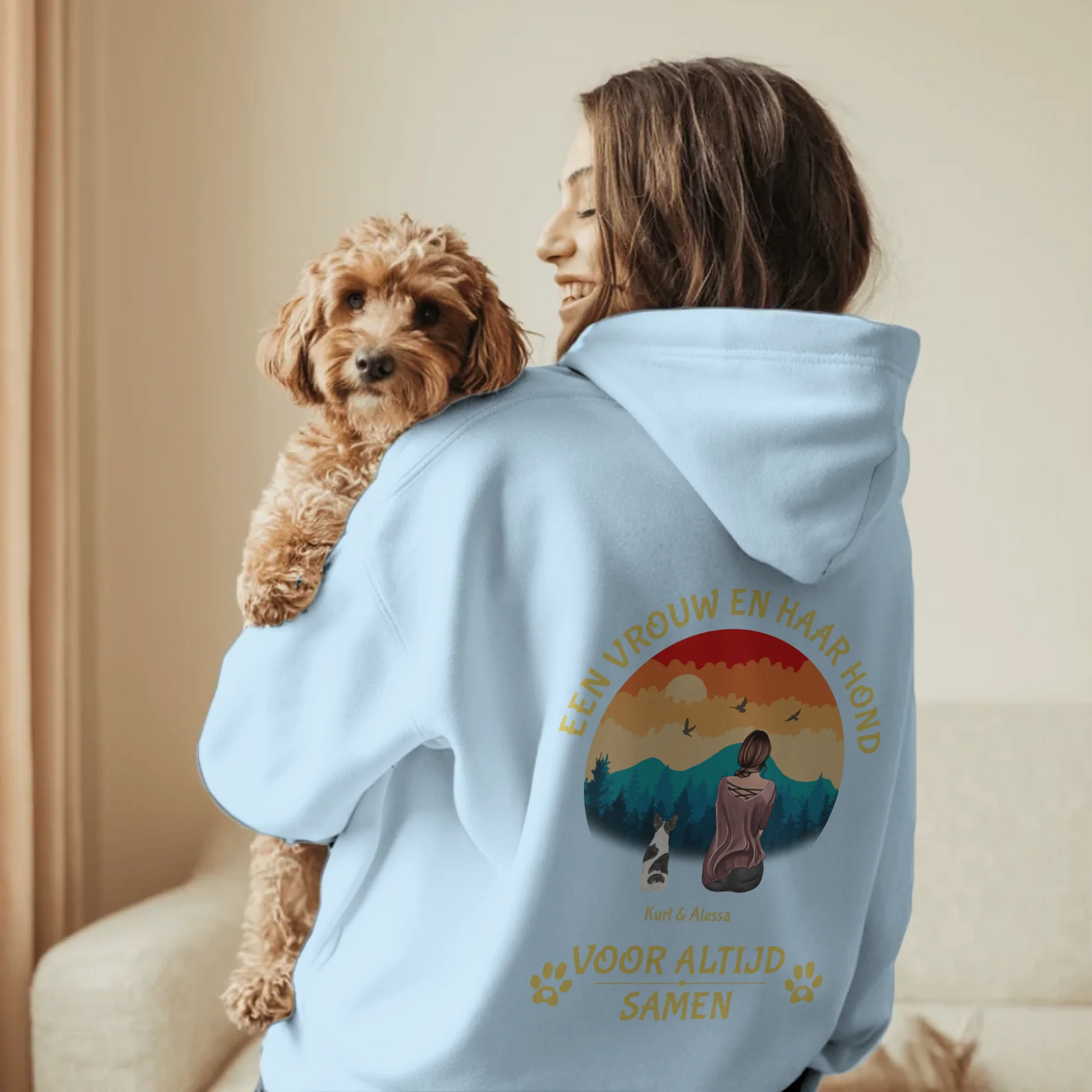 Woman in Living Room Holding Dog - Blue